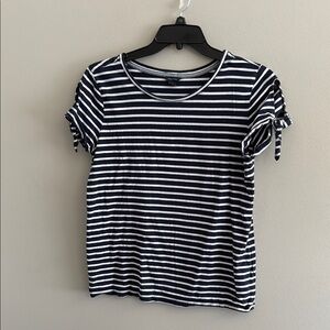 Nautica Navy and White Striped Women's Top with Shoulder Tie Detail